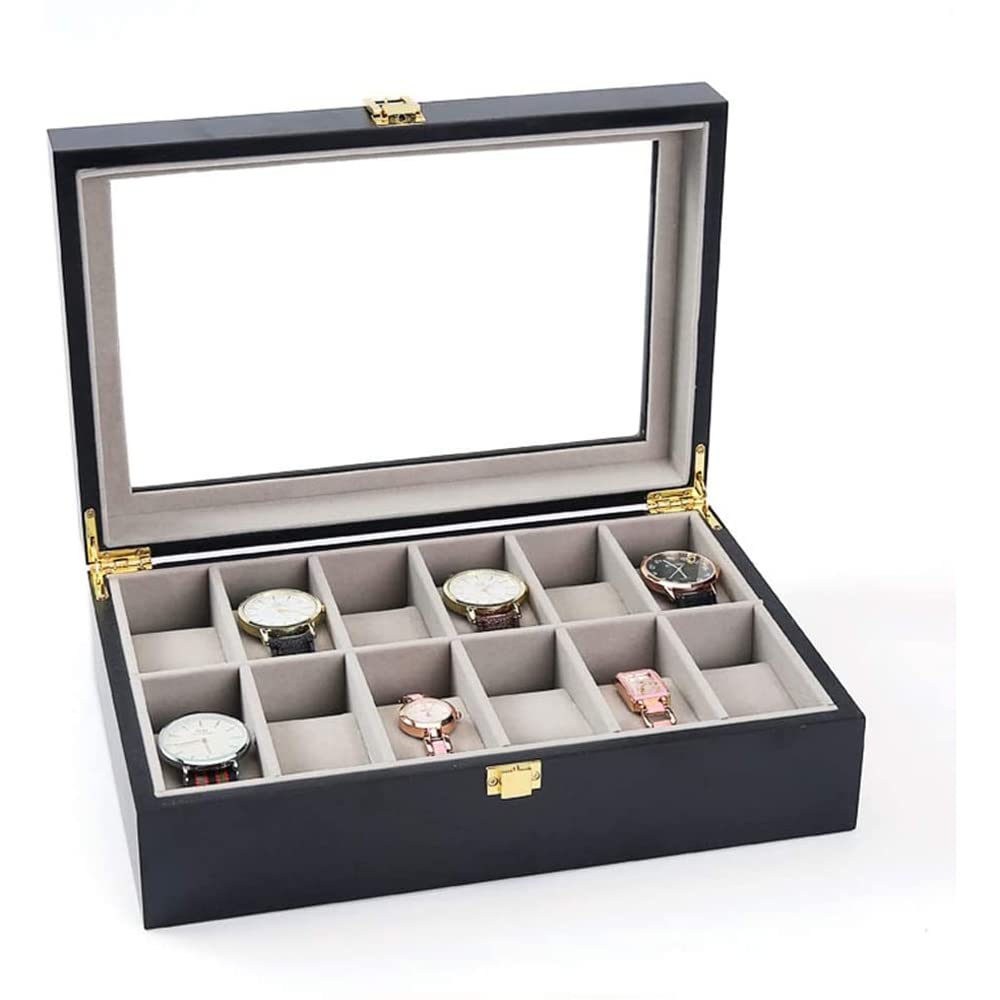 Uhrenbox mit 6 Fächern, Unisex-Uhrenbox mit Glasdeckel, Uhrengehäuse mit Uhrenkissen, Plüschfutter, goldenem Metallverschluss, Dichtetafel, Weihnachtsgeburtstagsgeschenke für Männer und Frauen