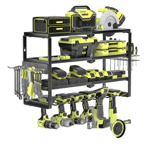 MOOMSINE 4 Layer Power Tool Organizer Wall Mount, Battery Tools Holder with Charging Station Shelf, Cordless Drill Hanger Storage Rack for Garage Organization, Workshop, Pegboard - 24 Inch 6 Slots