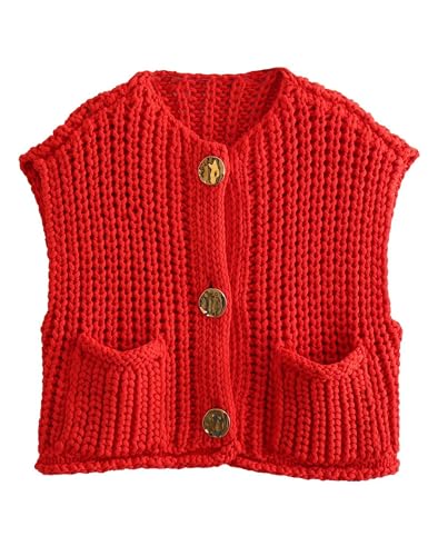 Bozanly Womens Chunky Knit Sweater Vest Cute Button Down Sleeveless Crop Crochet Cardigan Vest 2025