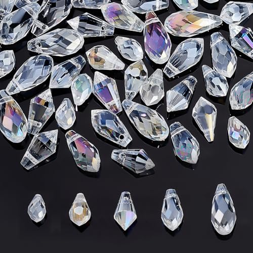 AHANDMAKER 50 cuentas de cristal facetadas en forma de lágrima, 5 tamaños de cuentas de cristal transparente, cuentas sueltas de gota de agua de cristal perforadas en la parte superior para