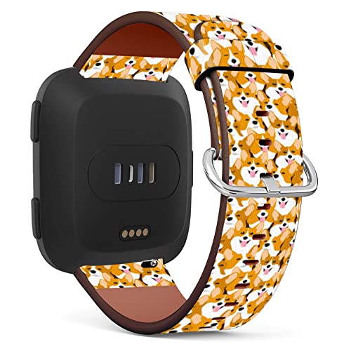 MINGDAO Compatible with Fitbit Versa 2 / Versa / Versa Lite / Versa SE Patterned Leather Replacement Band , Dog Corgi Breed Illustration