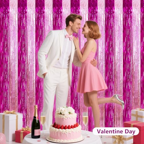Image of BEISHIDA Hot Pink Pink Door Streamers Backdrop Foil Fringe Tinsel Party Streamers Curtains Photo Backdrop -2Pcs for Girl Birthday Valentines Baby Shower Graduation Bachelorette Party Decoations