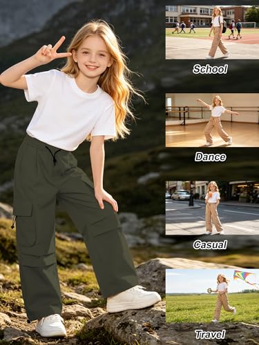 Image of SANGTREE Girls Parachute Pants Loose Lightweight Drawstring Waist Hip Hop Cargo Pants,6-16 Years