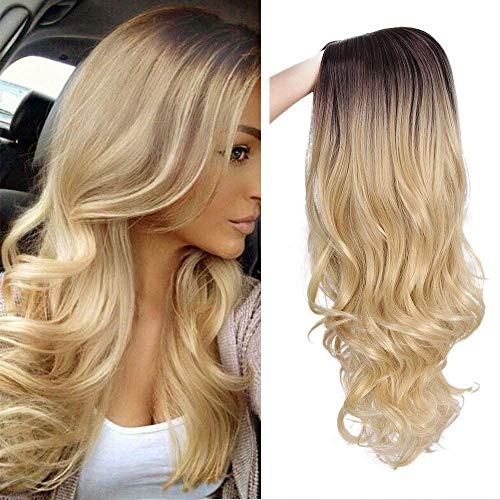 Musfree Blonde Wigs for Women Ombre Wig Cosplay Wig Hair Natural Long Body Wave 200% Density Heat Resistant Fiber Synthetic Wig (1B/Blond)