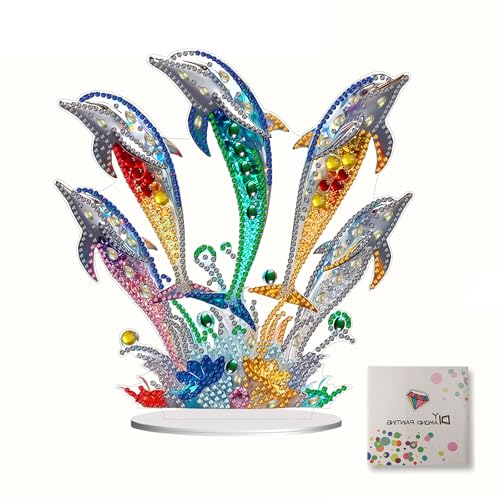 LIULIMI DIY 5D Painting Kits, Special Shaped Crystal Art Kit, Stand Up Acrylic Tabletop Ornament Making Kit, Two-Sided Painting, Great Holiday Gift(Dolphins)