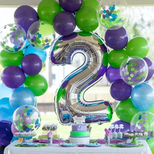 Image of Blue Green Purple Balloons 50PCS 12 Inch Fruit Green Teal Blue Pearl White | Purple Balloons with Ribbon for Birthday Baby Shower Theme Party Decorations