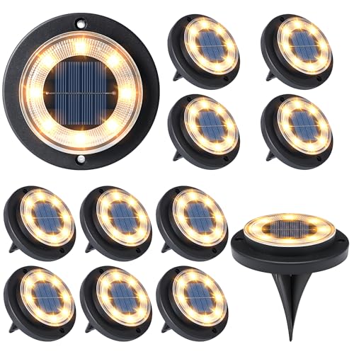 Flacchi Solar Ground Lights - Solar Powered Lights Outdoor Solar Disk Light Waterproof Landscape Light for Patio Yard Pathway Walkway Driveway (Warm White, 12 Pack)