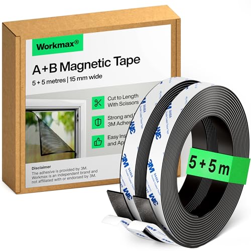 WORKMAX® A+B Magnetic Tape for Fly Screens & Mosquito Nets - Self-Adhesive Magnetic Strips with Strong Mutual Attraction - Magnet Tape with Counterpart & Strong Adhesive (5+5 m)