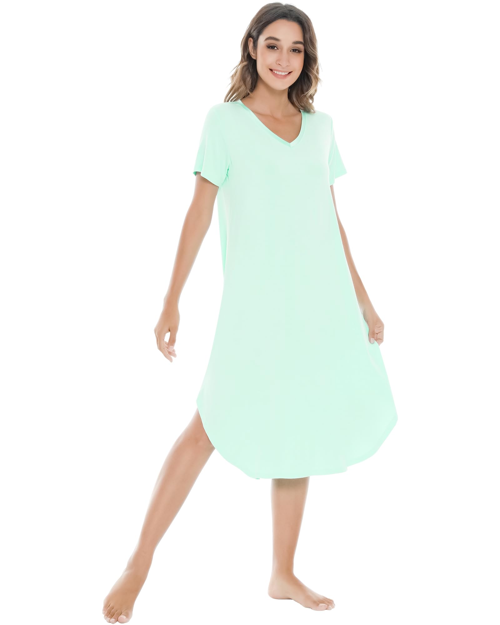 NACHILA Bamboo Viscose Nightgowns for Women Cooling Short Sleeve Sleepshirt | Soft V Neck Night Gowns, Moisture-Wicking Sleepwear for Hot Flashes &amp; Night Sweats, Ladies Nightshirts for Sleep, Home, Gift
