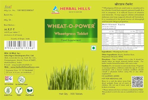 Image of Herbal Hills Wheatgrass Tablets | 500 Tablets | | Natural Antioxidant & Immunity Booster | Supplement | For Energy, Detox & Alkaline Balance | With Pure Wheatgrass Powder 500 Tablets Pack of 5