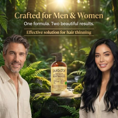 Image of PURA D'OR Original Gold Label Anti-Thinning Shampoo - CLINICALLY TESTED - Biotin & Argan Oil - Sulfate-Free Strengthening & Volumizing for Fuller-Looking Hair, Men & Women, Natural Earthy Scent 16 oz