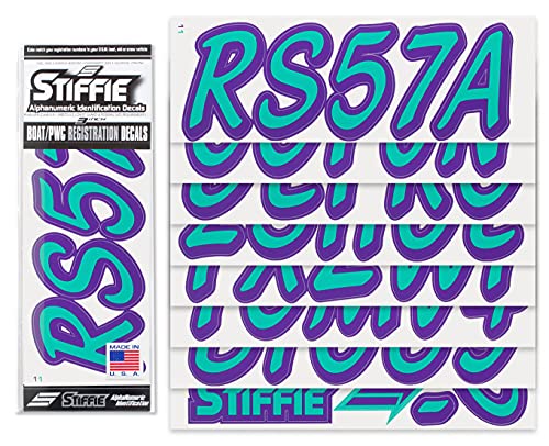 Image of STIFFIE Whipline Solid Teal /Purple 3 inch Alpha-Numeric Registration Identification Numbers Stickers Decals for Boats & Personal Watercraft
