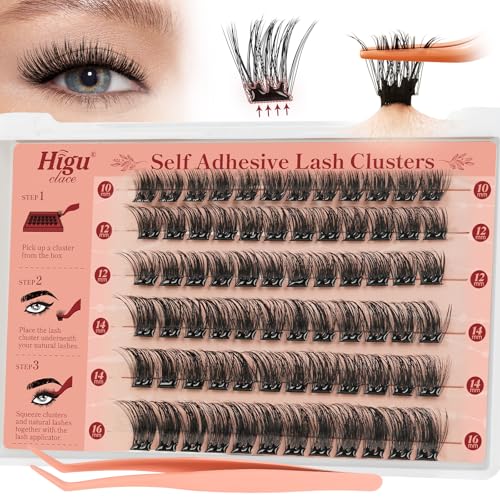 Higu clace Natural Pre Glued Cluster Lashes Mix 10-16mm Pre Glued Eyelashes No Glue or Remover Needed Press on Lashes Easy to Use Beginner Friendly(Natural 11)