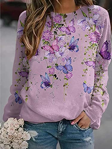 Women's Long Sleeve Print Crew Neck Sweatshirt Casual Print Butterfly Floral Graphic Print Pullover Sweatshirt Tops Light Purple #TOP1