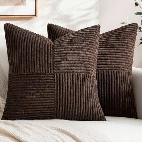 Image of MIULEE Dark Brown Decorative Throw Pillow Covers 18x18 Inch for Couch Bed Sofa Pack of 2 Chocolate Boho Farmhouse Throw Pillows Soft Cross Corduroy Patchwork Textured Cushion Cases