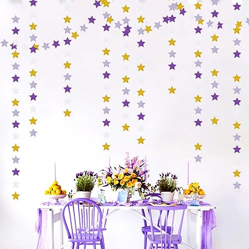 Image of Purple-Lavender White-Gold Party-Decorations Star Garland - 62ft Streamers Hanging Banner,Girl Birthday Wedding Twinkle Twinkle Little Star Baby Bridal Shower Graduation Decor Hugtmr