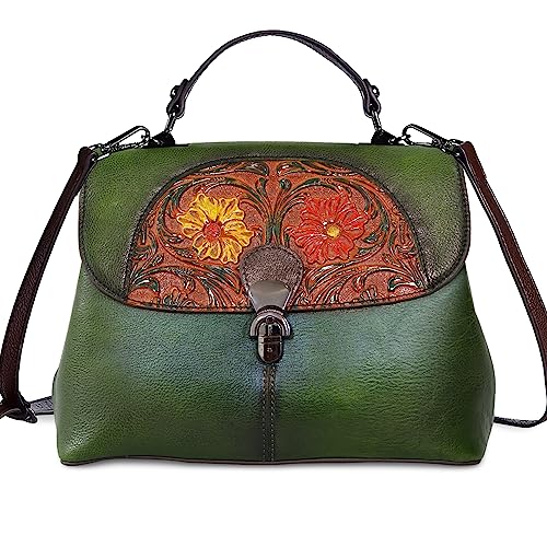 Image of Genuine Leather Satchel for Women Top Handle Bags Handmade Purse Vintage Embossed Leather Crossbody Handbags Hobo Bag