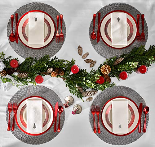 Premium Disposable Christmas Plate Set 175 Pcs | Ivory Plastic Plates with Red Trim, Plastic Silverware and Linen-Feel Christmas Dinner Napkins for 25 Guests Heavyweight - By Madee - Thumbnail 7
