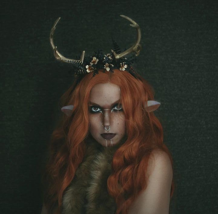 Miniatura 2 de MOSTORY Diadema hecha a mano con flores de cuerno, diadema de cuerno de ciervo con mariposa dorada para mujeres y niñas, renacentista, Halloween,