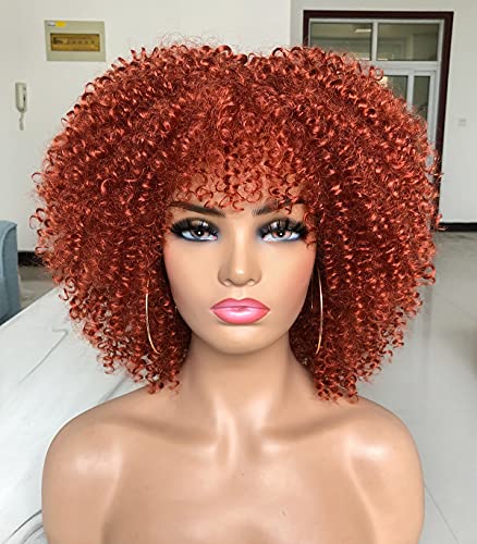 ANNIVIA Short Curly Wig with Bangs for Black Women 10Inch Afro Kinky Curly Wig No Glue Full and Fluffy like a Bomb(Copper red)