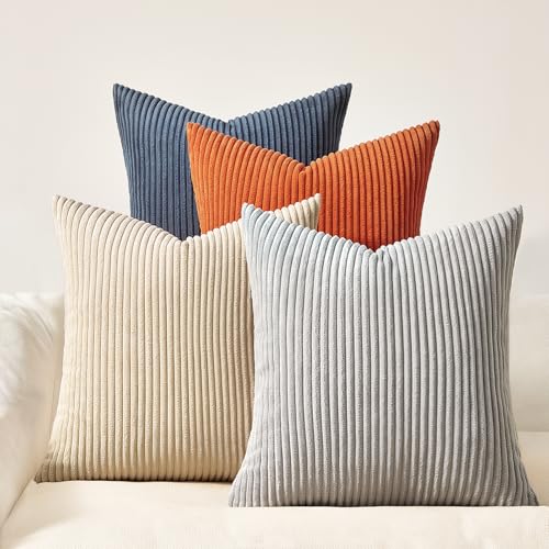 Image of Topfinel 20x20 Set of 4 Boho Couch Throw Pillows Decorative Velvet Pillow Covers for Bed Accent Nordic Corduroy Pillowcase Sofa Living Room Home Decor Blue and Yellow
