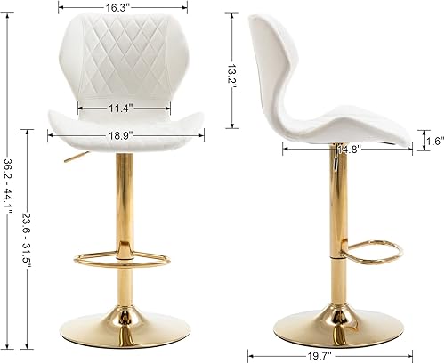 Miniatura 2 de Juego de 2 taburetes de bar giratorios ajustables de altura de mostrador con base dorada, sillas de bar modernas de terciopelo para isla de cocina,