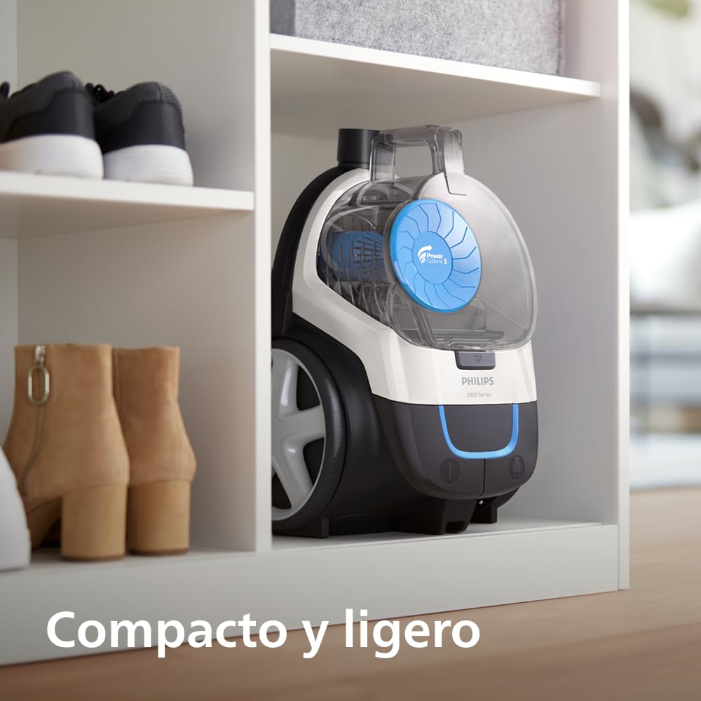 Aspirador sin bolsa Philips PowerPro Compact – Aspiradora ligera, Potencia de 900 W, Boquilla TriActive para suelos duros y alfombras, Filtro HEPA H13 antialérgico, PowerCyclone 5 (FC9332/09)