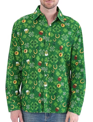 COSAVOROCK St Patricks Day Hemd Herren Leprechaun Ireland Kostüm Shirt, Green Shamrock, L