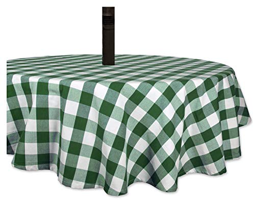 Vinyl Umbrella Tablecloth with Umbrella Hole and Zipper, Green White Check 70 Round Tablecloth for Outdoor Patio Dining Table, Waterproof Easy Clean