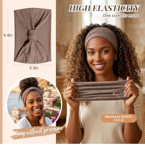 Image of Awumbuk Wide Headbands for Women Knotted No Slip Head Bands Soft Turban Headband Hair Accessories Boho African Solid Color Head Wraps for Women Yoga Workout (Dark brown)