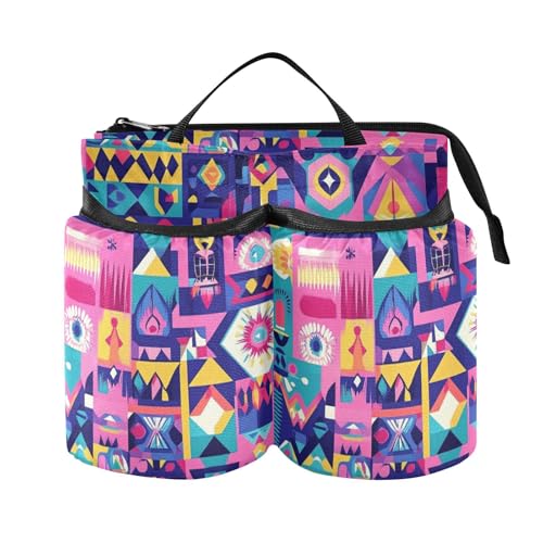 Travel Drink Holder Hands Free Bohemian Geometric Shape Rich Color Holder with Strap Two Cup Holder for Attendant Must Haves