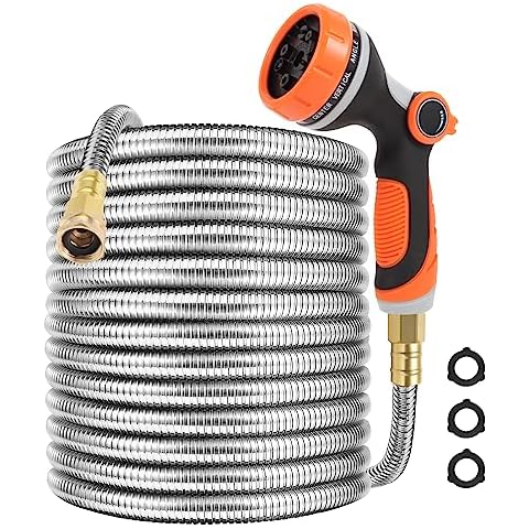 SPRIKIR Metal Garden Hose 50 ft with 10 Function Sprayer Nozzle, Lightweight Stainless Steel Water Hose, 3/4" Solid Metal Fittings Flexible Kink Free Hose for Yard, Patio,Car washing (50ft) Cover