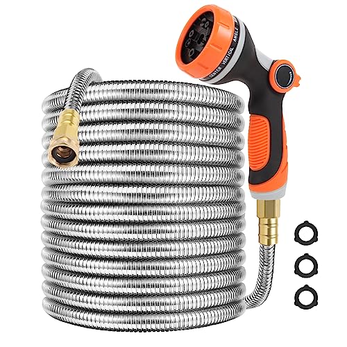 SPRIKIR Metal Garden Hose 50 ft with 10 Function Sprayer Nozzle, Lightweight Stainless Steel Water Hose with 3/4 Solid Fittings, Flexible Kink Free Leak Proof for Yard, Patio, Outdoor & Car washing