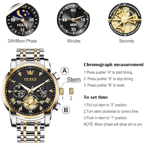 Image of OLEVS Men Watches Stainless Steel Chronograph Watch, Large Wrist Analog Quartz Watch, Fashion Waterproof Diamond Roman Numerals Dress Watches for Men, Gold /Black /White /Blue /Grey Dial