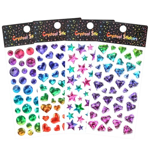 4 St&uuml;ck Aufkleber Sterne 3D Sticker Glitzer Kinder, Glitzer Sticker M&auml;dchen, Glitzersteine Selbstklebend, Aufkleber kinder, Kristall Stern Diamant Rund Liebe Gestalten, F&uuml;r DIY Handwerk Deko