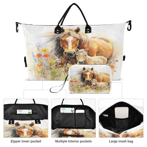 Horse Travel Duffle Bag Gym Bag, Horse Among Flowers Weekender Bags for Women with Toiletry Bag Travel Tote Bag Swim Bag2