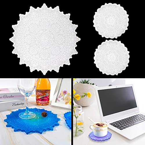 Koonafy 3 Pcs Resin Tray Moulds, Mandala Coaster Epoxy Molds, Flower Jewelry Tray Moulds Silicone