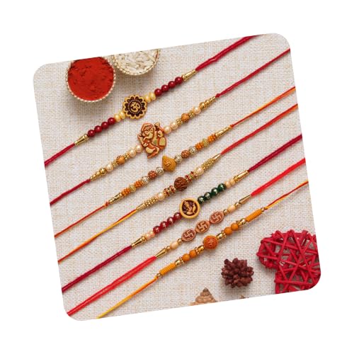 Image of eCraftIndia Set of 7 Rakhi Combo Hamper | Multicolor Om Ganesha Swastik Rudraksha Pearls Religious Designer Rakhis | Roli Chawal Pack
