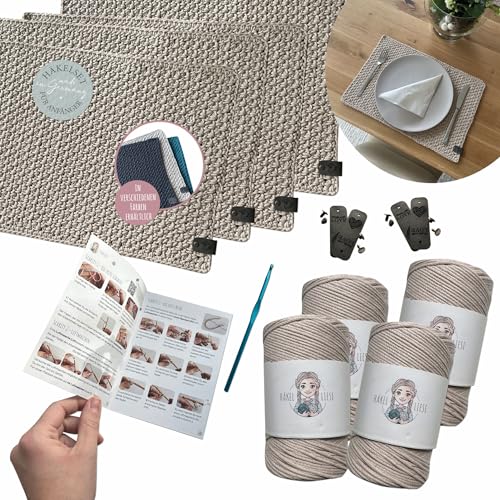 Kit de crochet pour débutants adultes : set de table à crocheter DIY beige - Lot de 4