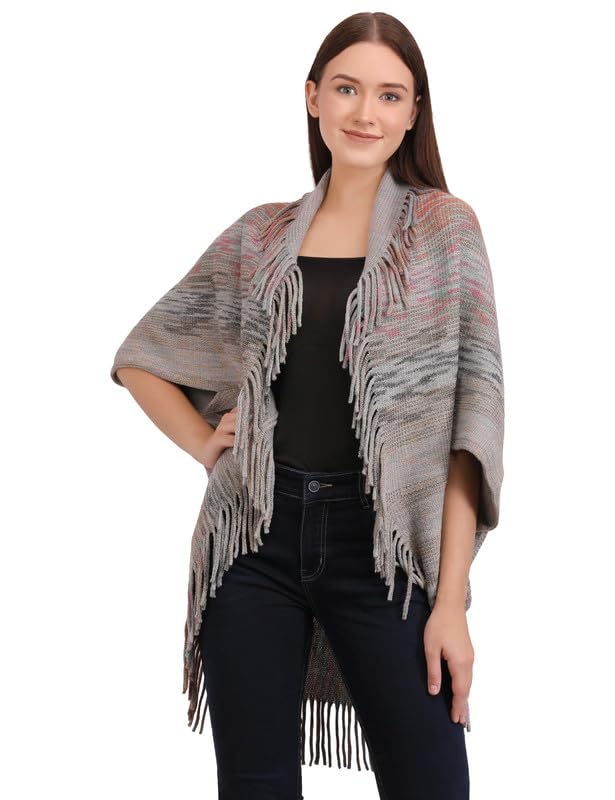 Women Woolen V-Neck Poncho Open Front Half Sleeves Shrug Style Wrap with Tassel Fringe for Women (SC 111 Shrug)-image-18