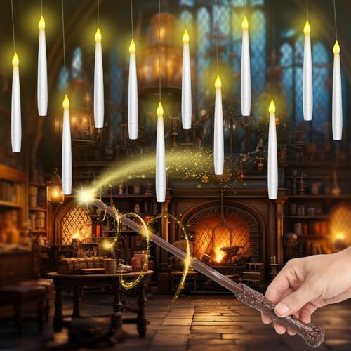HAUSPROFI Schwebende Kerzen 24 Stück Fliegende LED Kerzen mit Zauberstab Fernbedienung Floating Candles Warmes Licht Flackernde Hängende Kerzen für Weihnachten Halloween Party Deko