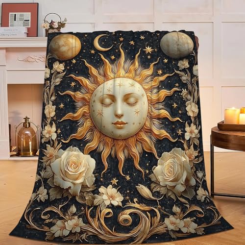 Celestial Sun Moon Boho Flannel Plush Throw Blanket