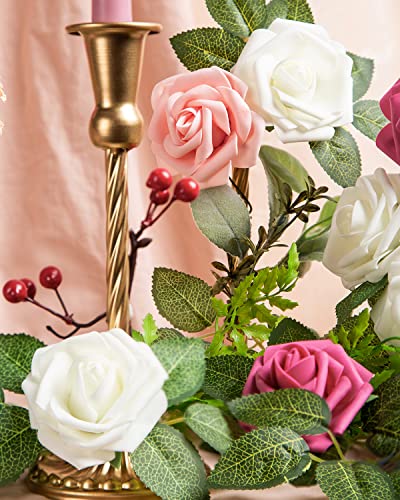 DuHouse 25Pcs Artificial Roses Flowers Fake Rose with Stems Real Touch Foam Flower Head for DIY Wedding Bridal Bouquet Baby Shower Centerpiece Floral Arrangement Party Home Decor(Cream) - Image 4