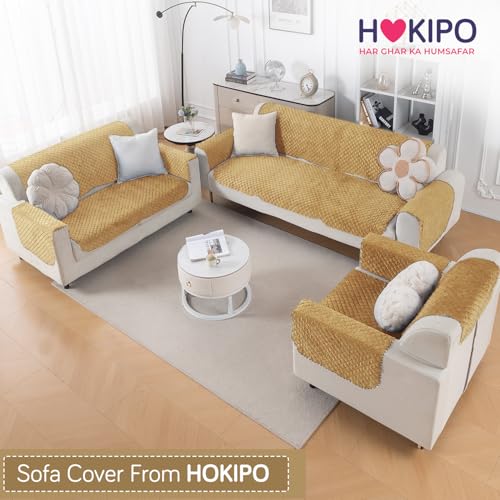 Image of HOKIPO Quilted Sofa Cover 6 Seater Set - Washable 3+2+1 Sofa Panel for Seat & Back | 'Quilt Classic' Yellow (IN-927+926+925 * 2-YLW)
