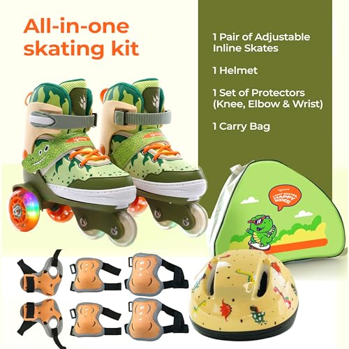 Image of Lifelong Inline Skates for Kids | Adjustable |4 Wheels Light-Up Skate for Boys & Girls | Roller Blades for Beginners | ABEC-7 Bearings | Safety Gear Set | Green, XS (27-30 cm)