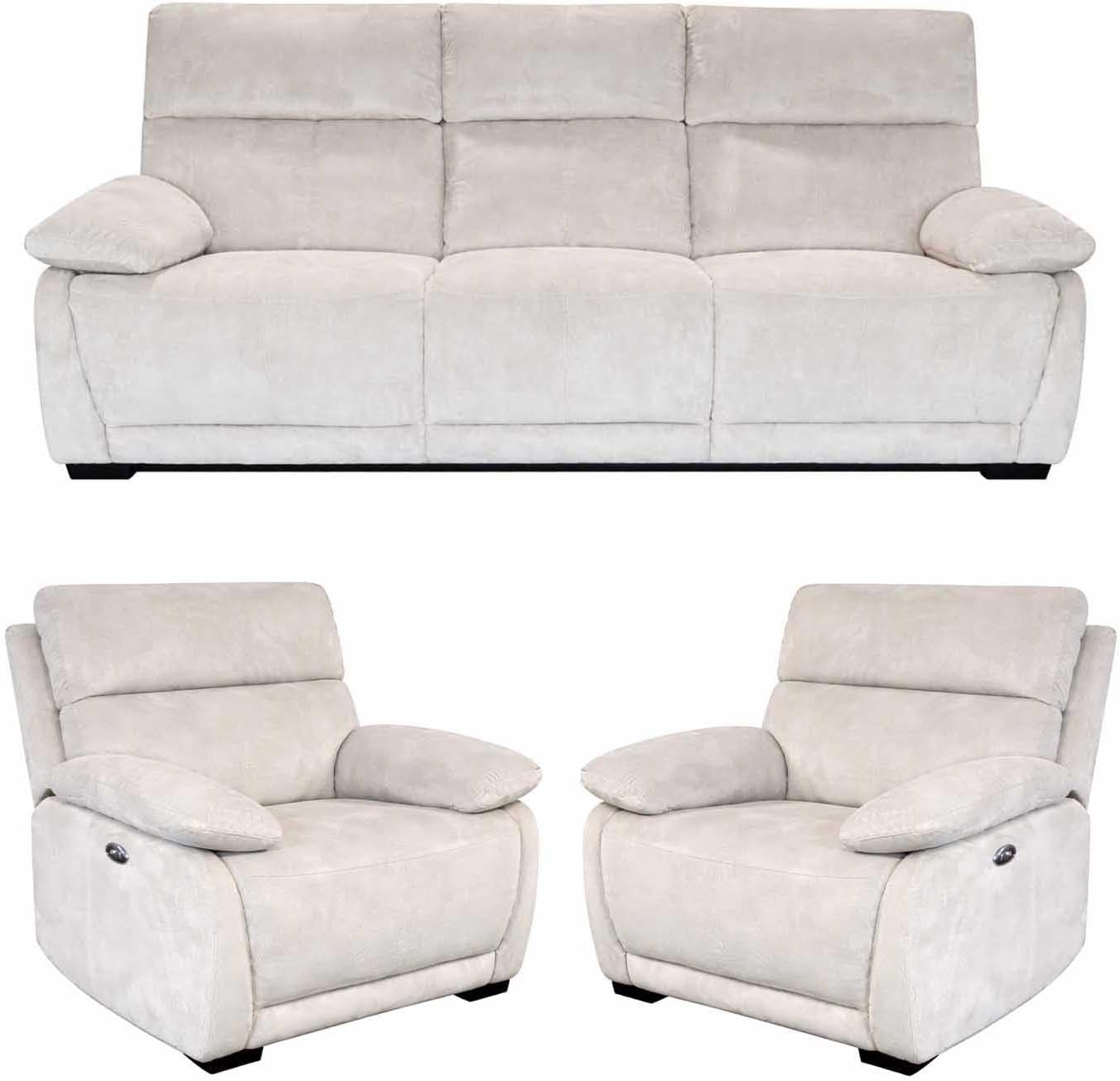 Furnishings For Less UK Piccadilly Electric Recliner Sofa Set 3 Seater with 2 Armchairs Beige Fabric Power Reclining Suite with USB Charging Ports Padded High Back Living Room Furniture