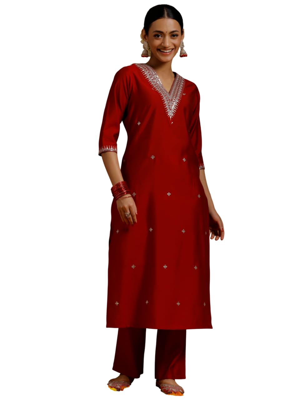 gerua by libas Gerua Womens Embroidered Silk Blend Straight Kurta with Trousers-picture-28