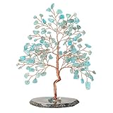 CrystalTears Feng Shui Deko Edelstein Lebensbaum Rosengold Wire Wrap Trommelsteine mit Achatscheibe Basis Chinesisches Geldbaum Wohnzimmer Deko für Wohl Reichtum Glück (Amazonit)
