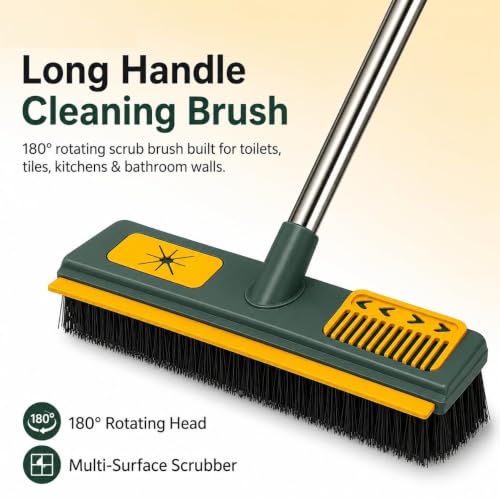 Image of Recluse Bathroom Cleaning Brush with Wiper, 2-in-1 Long Handle Floor Scrub Brush, 180 Rotating Toilet Cleaning Brush, Bathroom Tiles Cleaner, Floor Squeegee Wiper for Kitchen, Toilet & Bathroom
