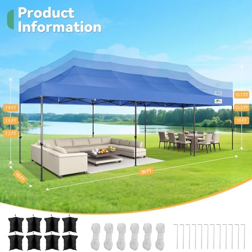 Image of COBIZI 10x30 Heavy Duty Pop Up Canopy Tent with 8 Sidewalls, Blue